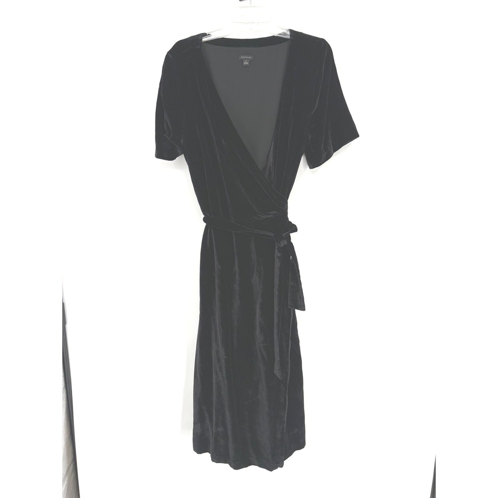 Ann Taylor Dress Womens 16 Black Velvet Wrap Midi Short‎ Sleeve V-Neck Formal